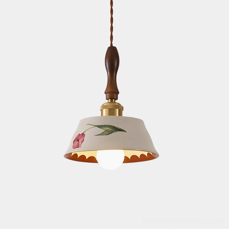 Alouette hand-painted floral ceramic pendant lamp close-up front view studio shot