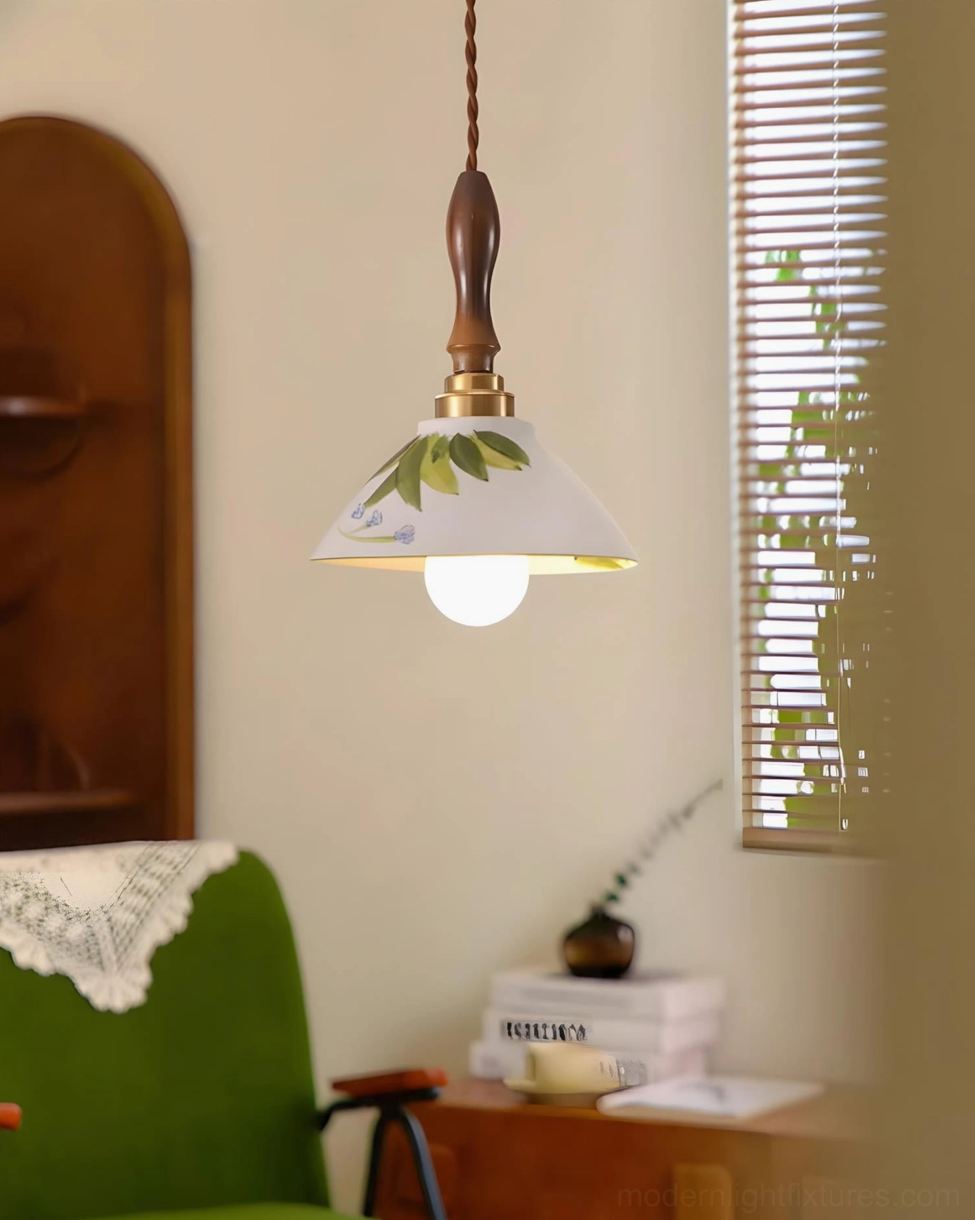 Alouette floral painted ceramic shade pendant lamp front side close-up decorative detail
