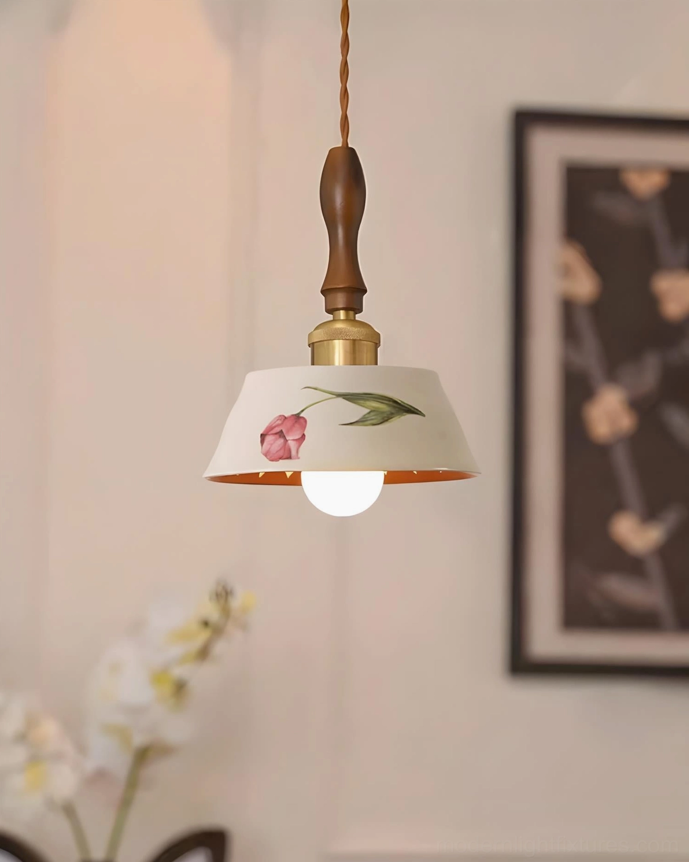 Alouette hand-painted ceramic pendant lamp side wall close-up decorative hallway detail