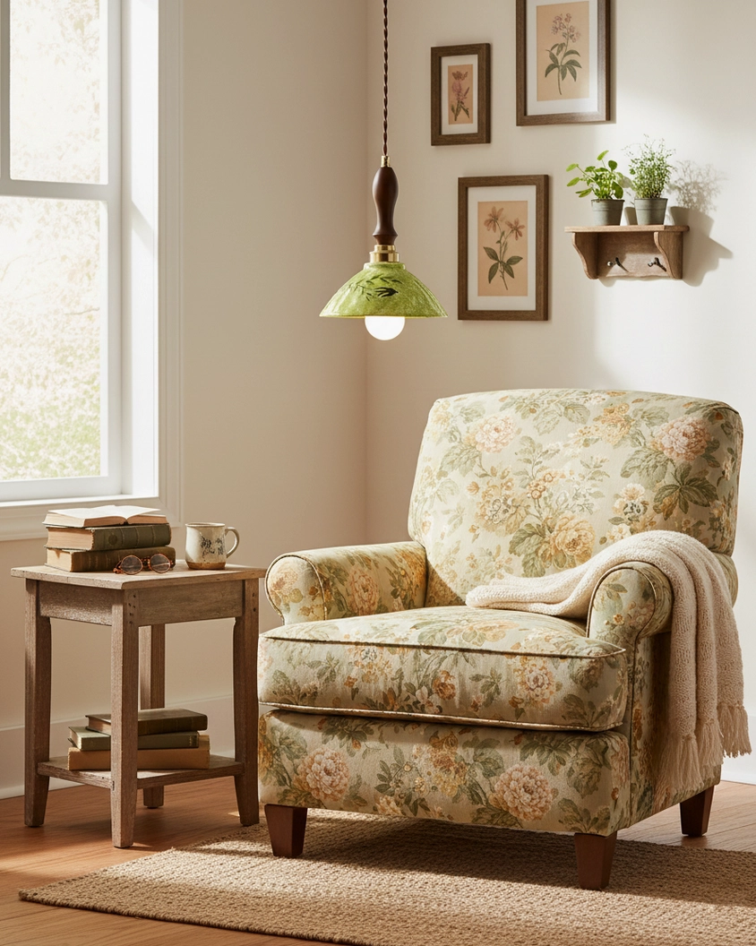 Alouette green ceramic tapered pendant lamp high-angle view vintage cottage living room