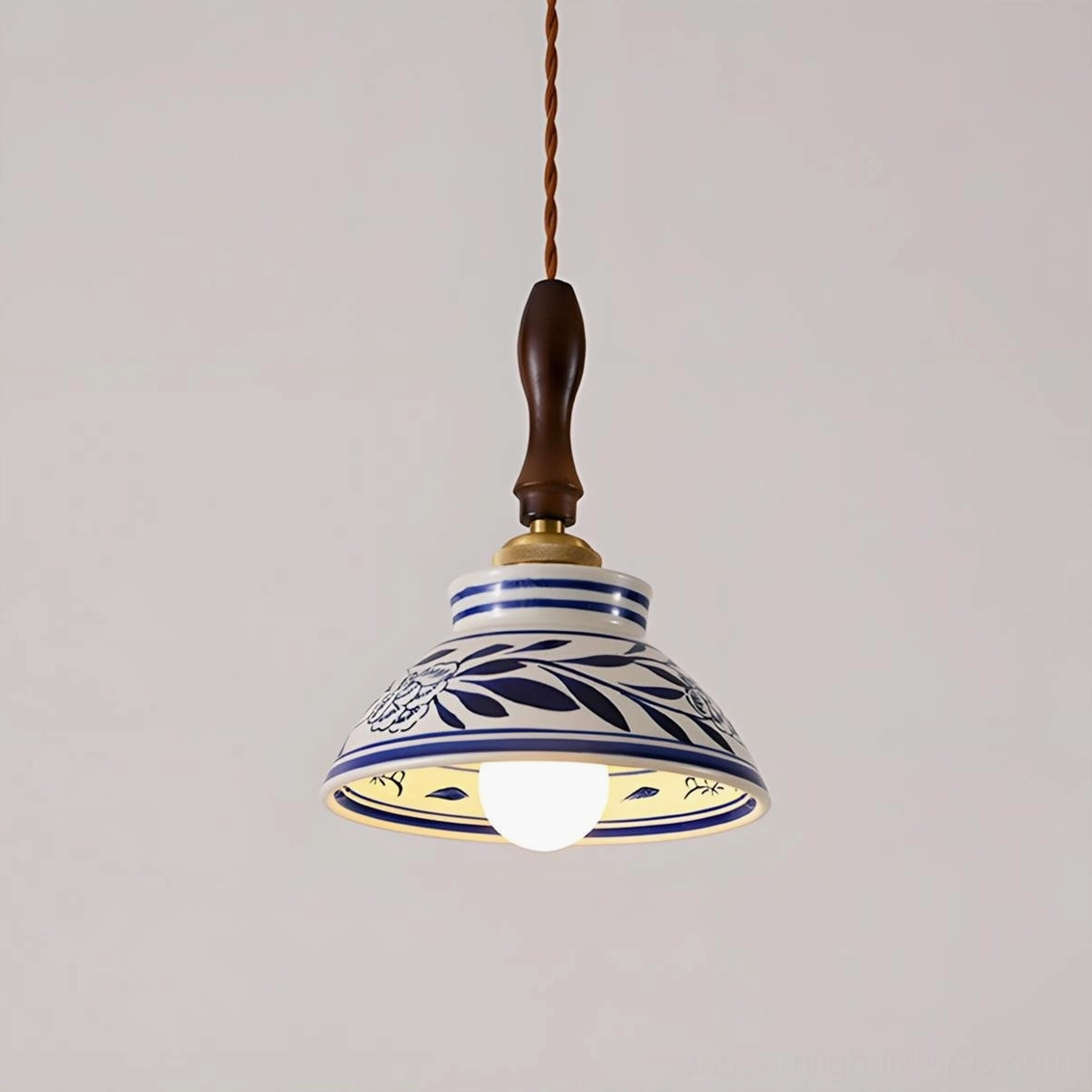 Alouette hand-painted botanical pendant lamp Model C ceramic shade gold walnut color