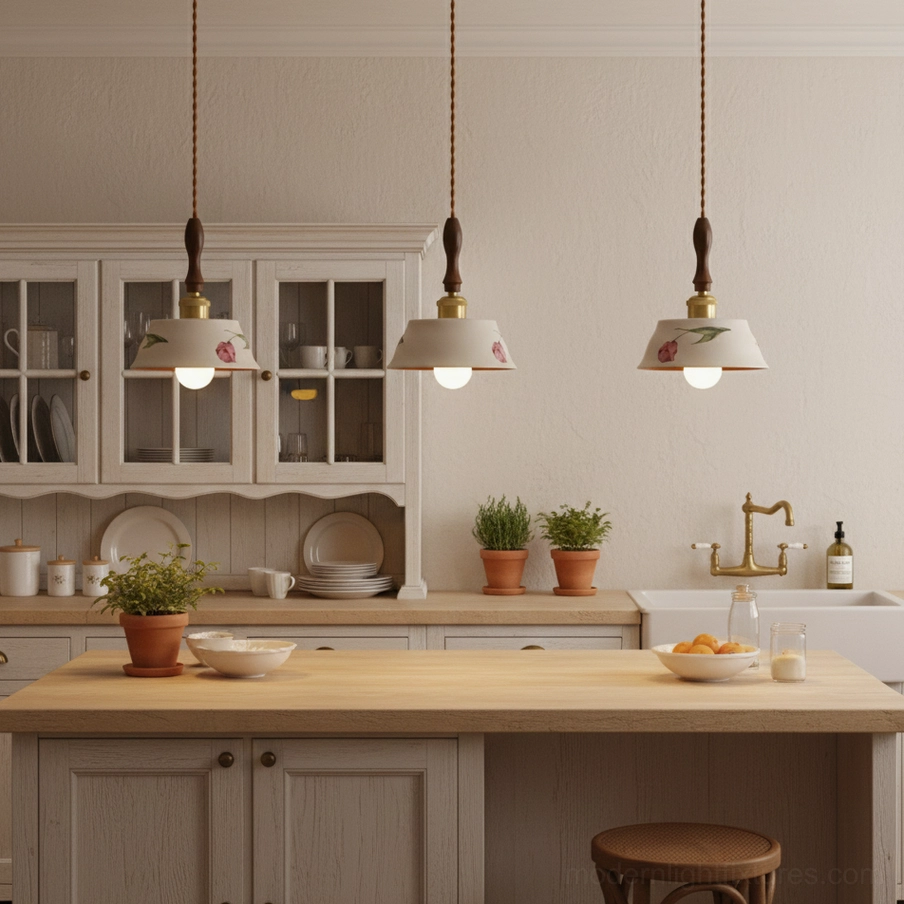 Alouette botanical pendant lights trio above farmhouse kitchen island with warm ambient lighting