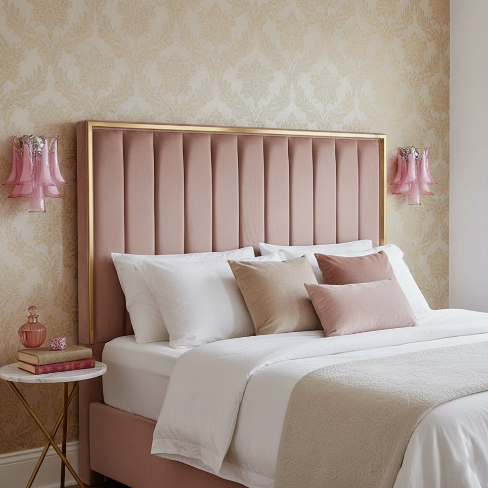 Pair of pink glass flower wall sconces Alrinis bedroom headboard mounted elegant luxury bedroom design
