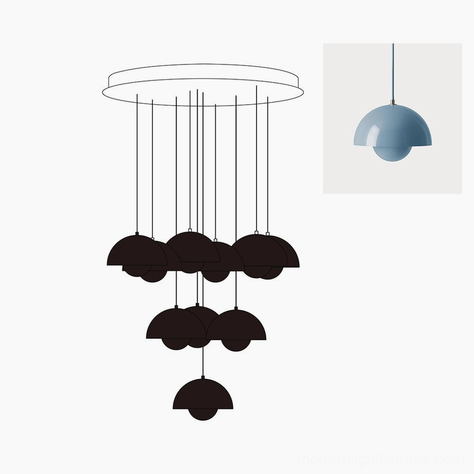 Modern pendant chandelier featuring multiple aluminum hemispherical shades in contemporary architectural design