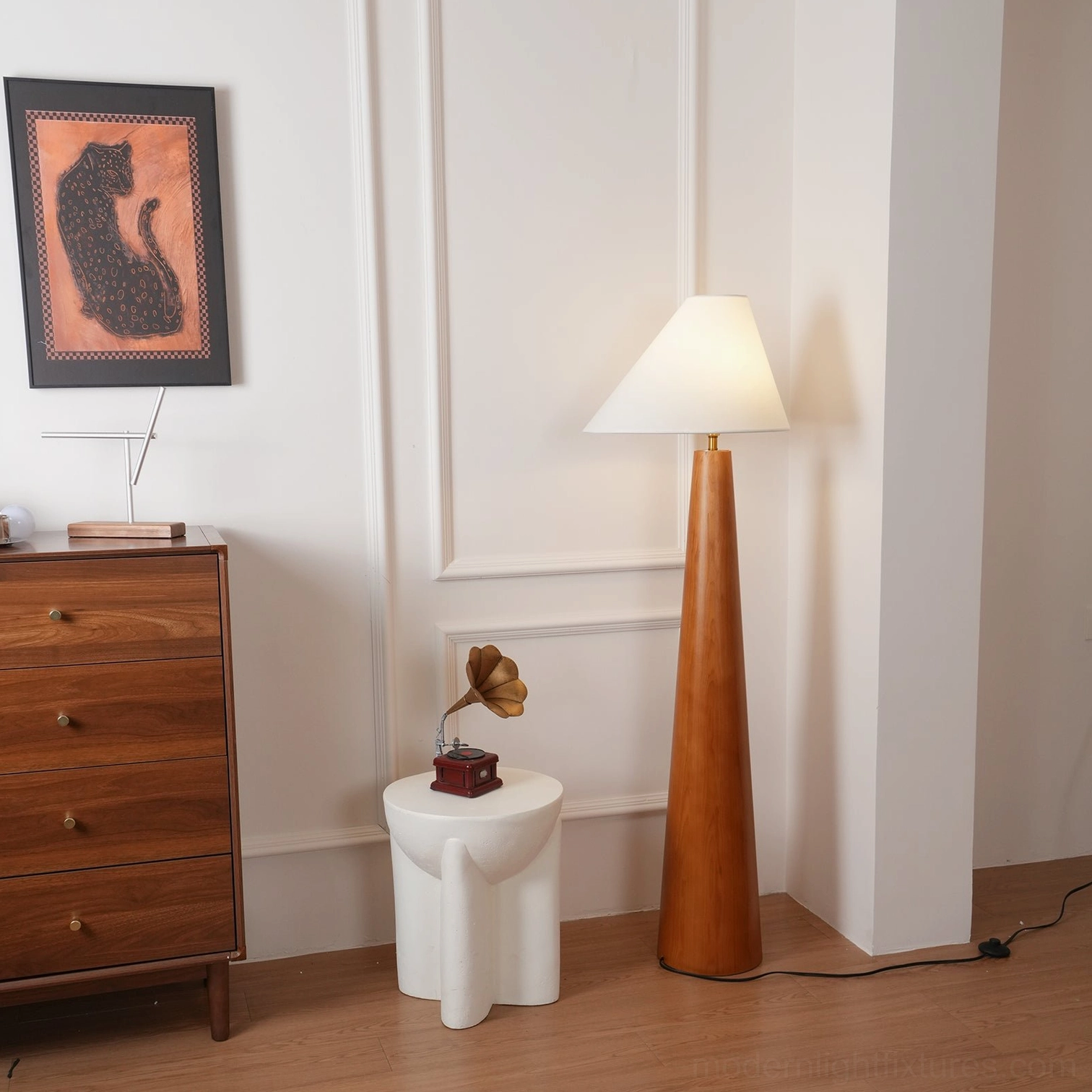 Alvin natural wood floor lamp with off-white linen shade in modern home setting, warm ambient lighting and wooden base showcase