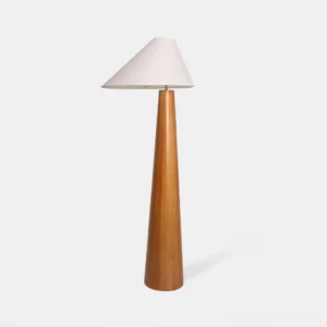 Alvin natural wood floor lamp with off-white linen asymmetrical shade, front studio view showcasing tapered wooden pole and conical fabric shade design