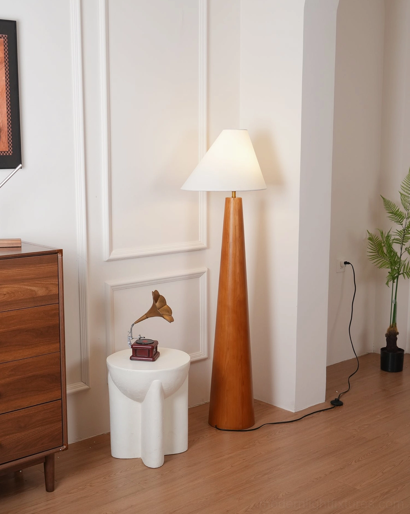 Scandinavian style tapered wood floor lamp with conical white linen shade, full product view emphasizing natural materials and minimalist design