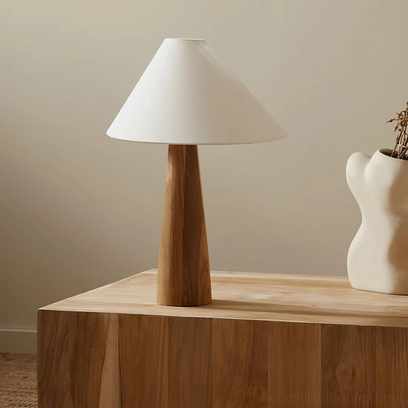 Alvin table lamp with natural wood construction and linen shade in contemporary home setting