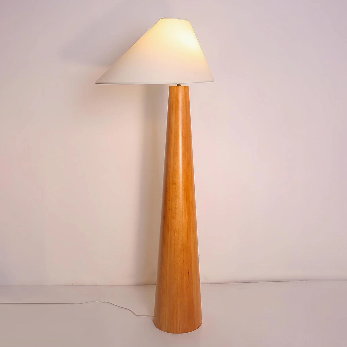 Alvin wooden floor lamp with linen shade, right side profile view showing natural wood grain and fabric shade illumination detail