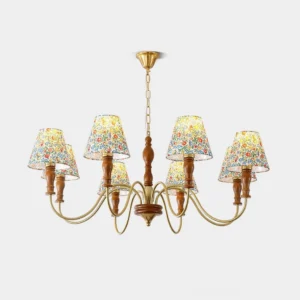 Alyssa 8-head floral fabric chandelier with gold metal arms and colorful fabric shades on white background