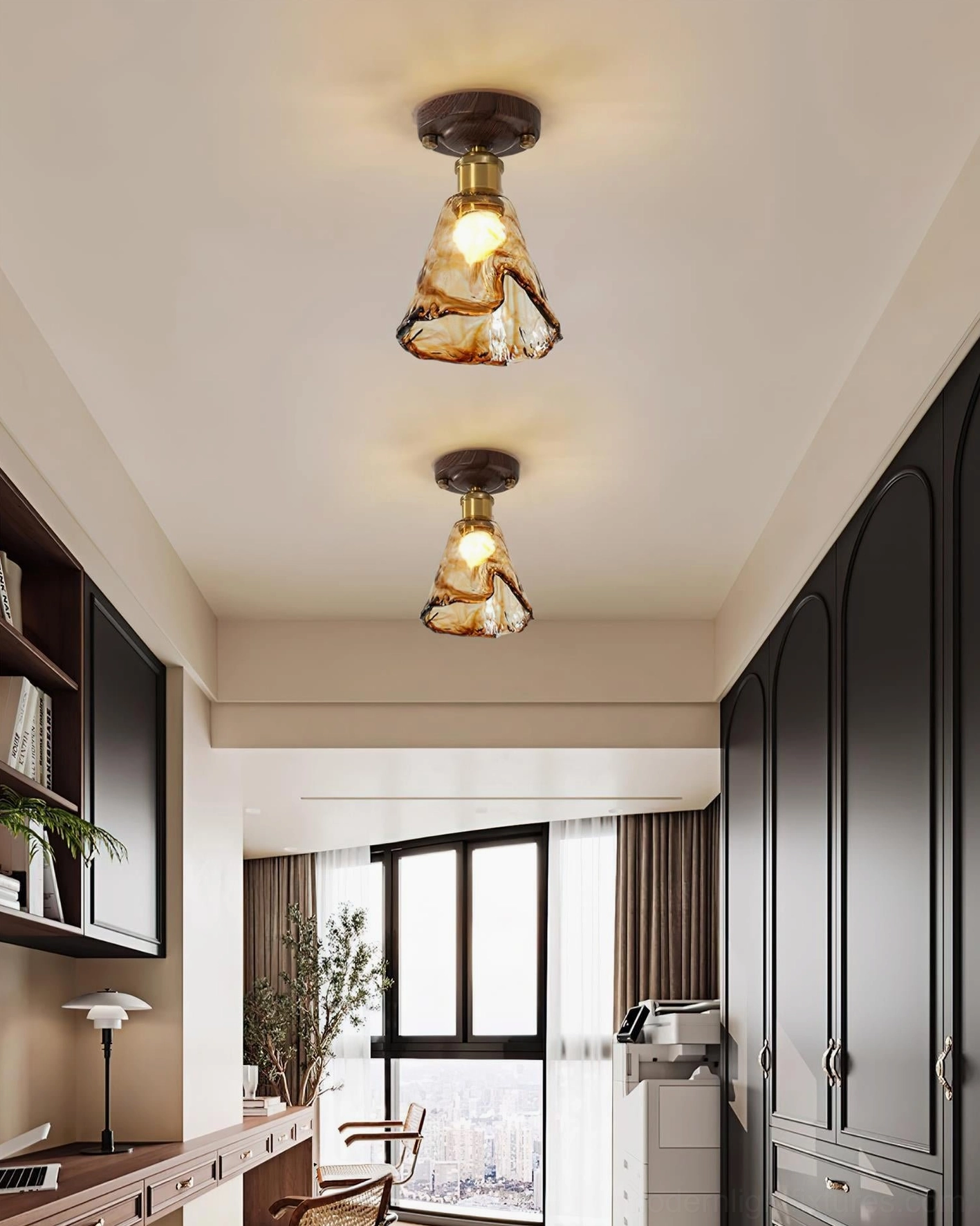 Amber glass flush mount ceiling light installed in modern home entryway with dark wood cabinetry - upward viewing angle