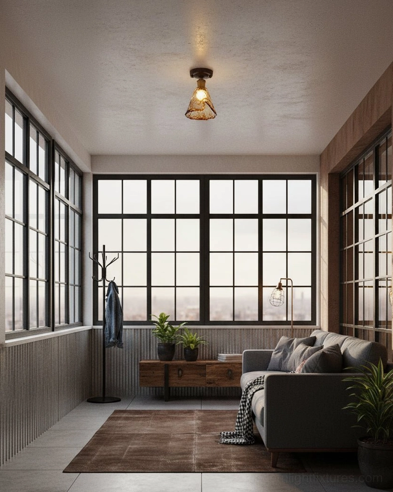 Nalia amber glass ceiling light installed in farmhouse living room above large grid windows - rustic warm ambiance