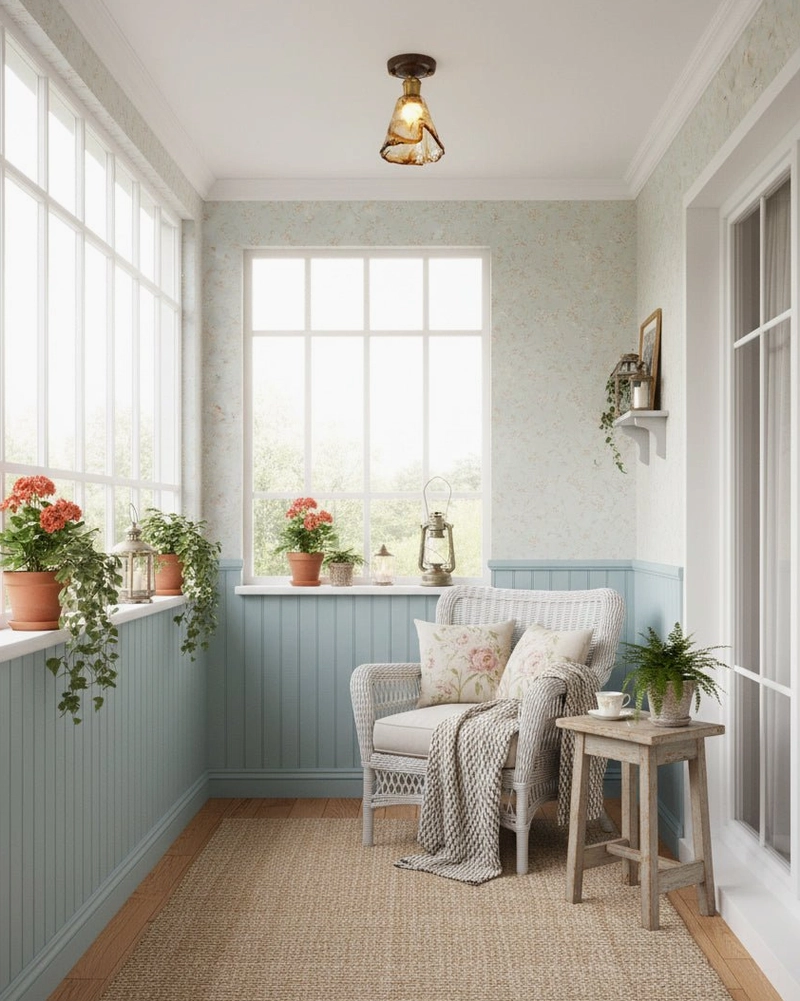 Amber flush mount ceiling light in cozy cottage sitting area with light blue wall paneling and green plants - shabby chic aesthetic