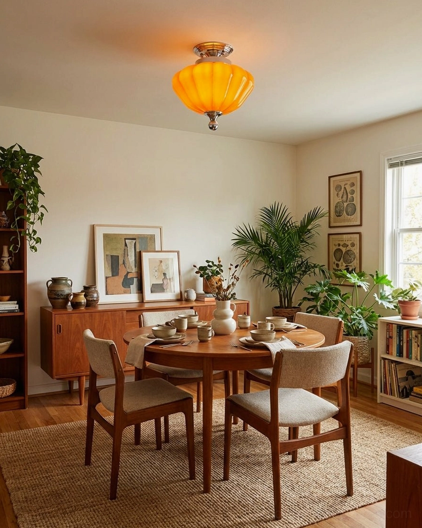 Furnished vintage dining area with amber semi-flush ceiling light complementing warm wood interior aesthetic