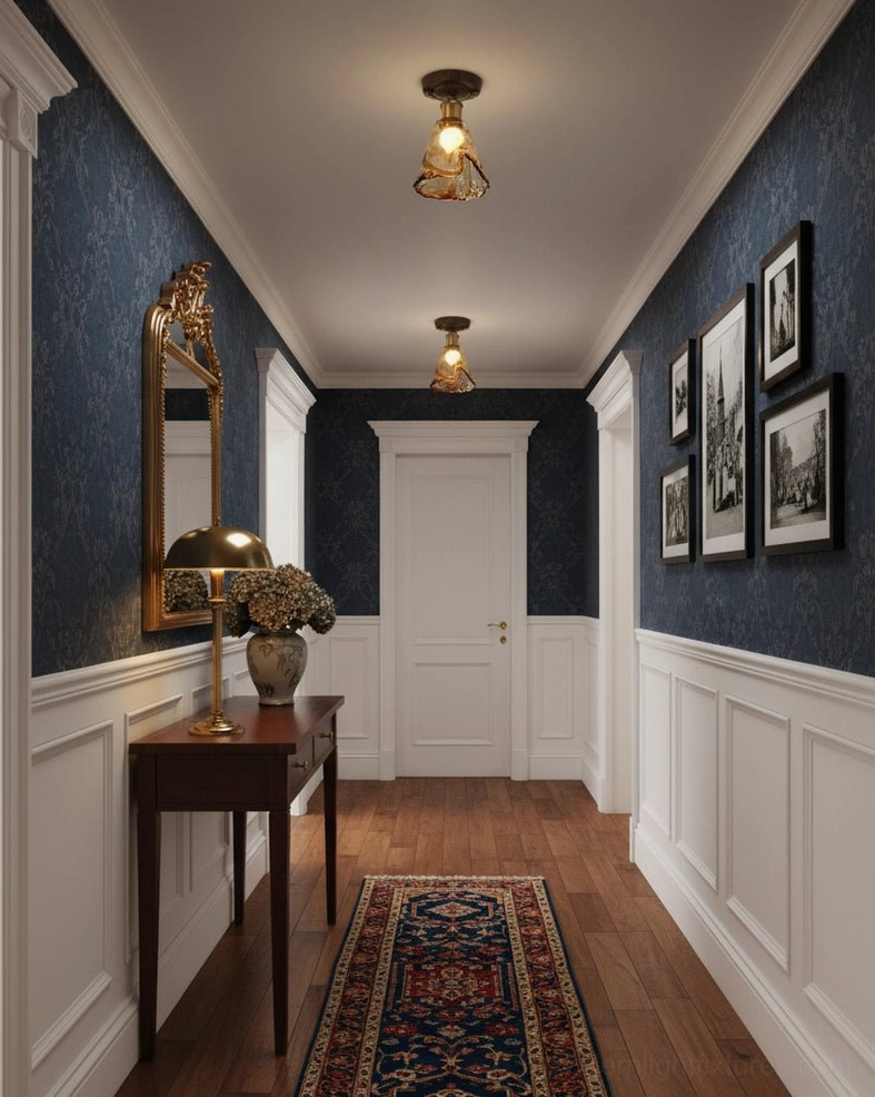 Dual amber glass ceiling lights installed in vintage residential hallway with dark walls and classic rustic home decor