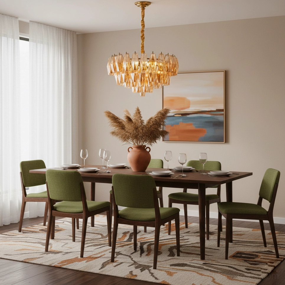 Amber tiered glass chandelier mounted above modern dining table in contemporary dining room