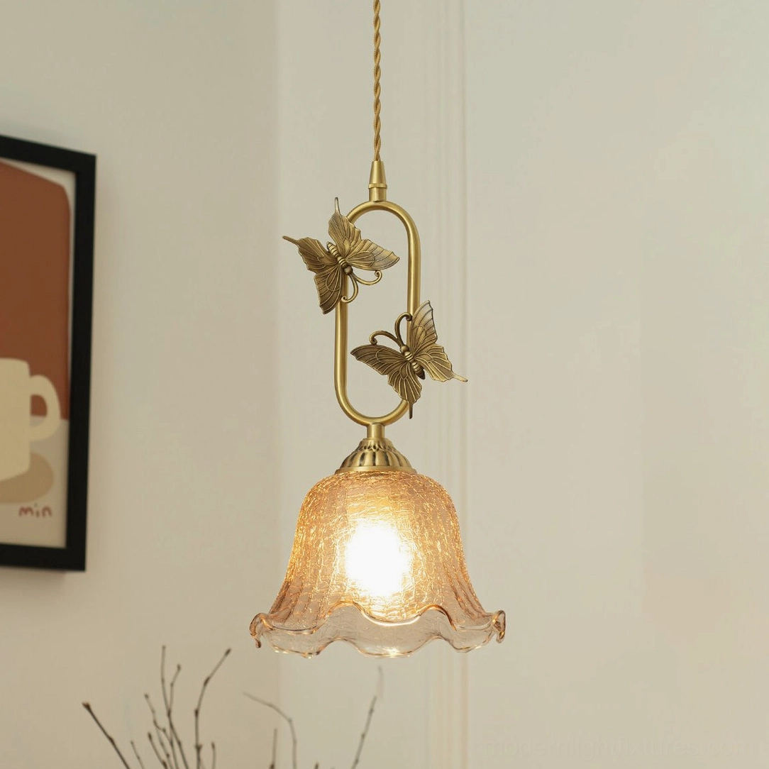 Amber crackle bell butterfly pendant light, 18cm bell shaped shade with vintage amber glass texture