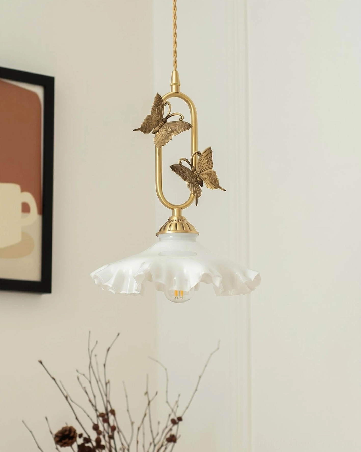 Amber crackle butterfly pendant light in grandmillennial vintage interior, fractured light pattern on wall