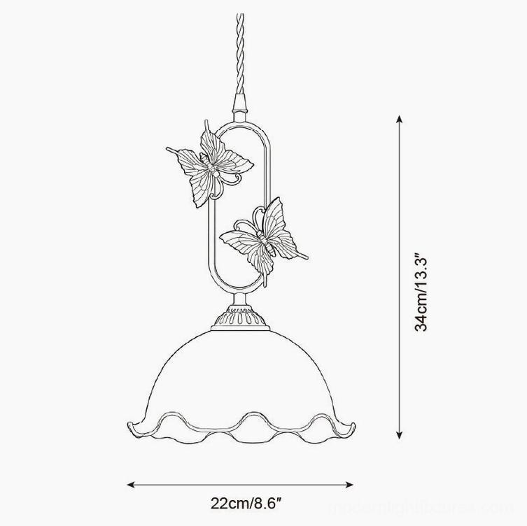 Dome ruffle amber crackle pendant light technical drawing, 34cm height 22cm curved wavy shade specifications
