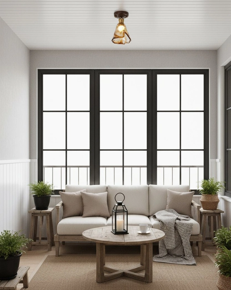 Warm amber glass ceiling fixture mounted horizontally - profile view showing elegant proportions and design