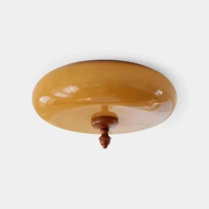 Honeydrift amber glass flush mount ceiling lamp overhead product view with wooden finial detail