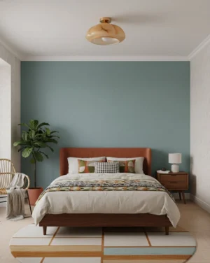 Essence semi-flush ceiling light installed in modern master bedroom with teal accent wall, warm amber glow
