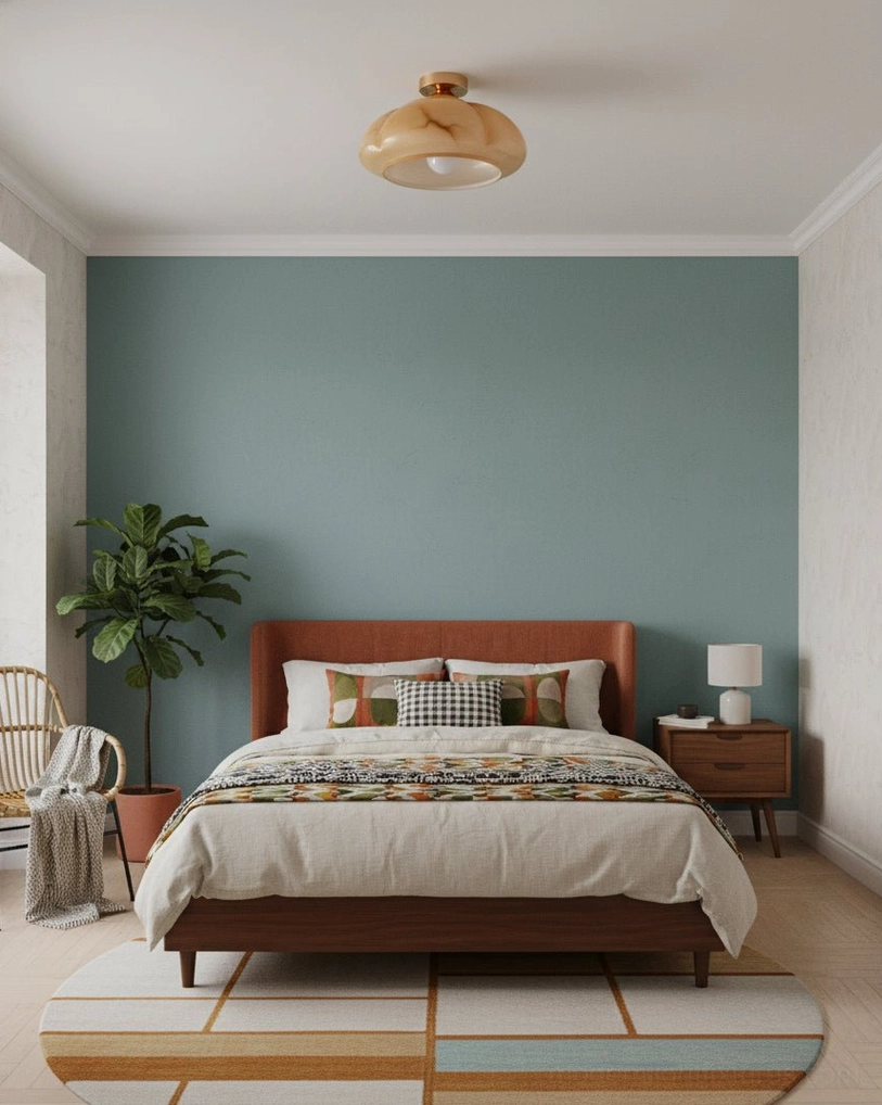 Essence semi-flush ceiling light installed in modern master bedroom with teal accent wall, warm amber glow