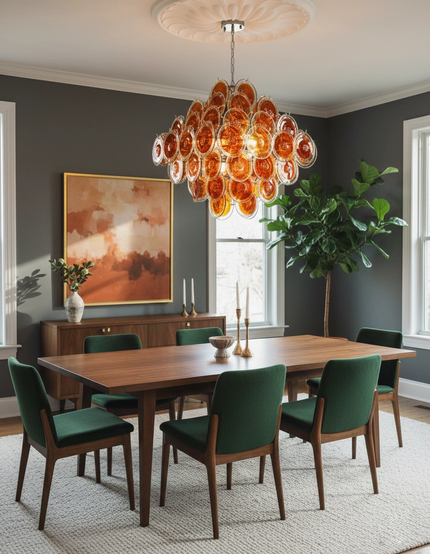 Amber glass disc chandelier panoramic dining room view modern luxury space with dark accent walls and green velvet chairs