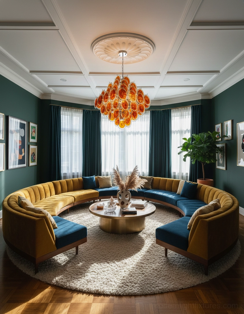 Amber glass disc chandelier wide panoramic view in large family luxury living room with curved sectional sofa and high tray ceiling