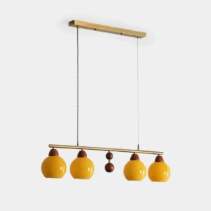 Amber glass globe chandelier with brass rod, front view on white background showing dual hand-blown glass shades