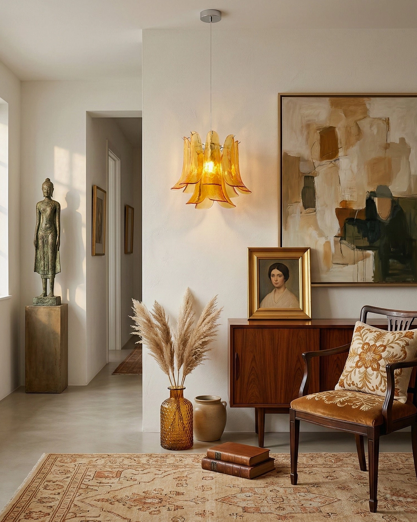 Amber glass lily pendant light in vintage hallway with rustic home decor styling
