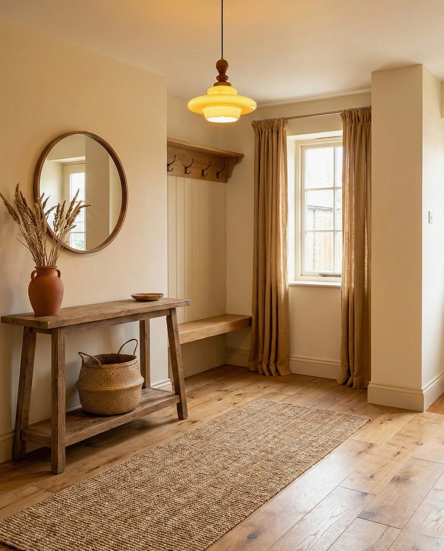 Mustard yellow glass pendant light suspended in contemporary home interior, showing warm ambient lighting effect