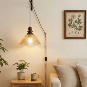 Amber glass plug-in pendant light hanging in modern living room corner, warm ambient lighting demonstration