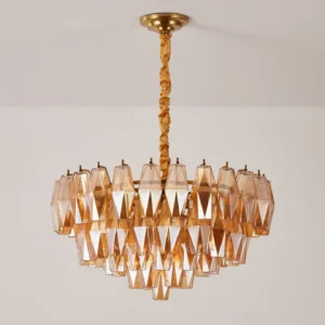 Amber hand-blown glass tiered chandelier with brass suspension rod, eye-level unlit interior view