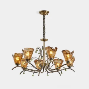 Vetraio hand-blown amber glass tulip chandelier with bronze twisted arms and green crystal droplets, front studio view