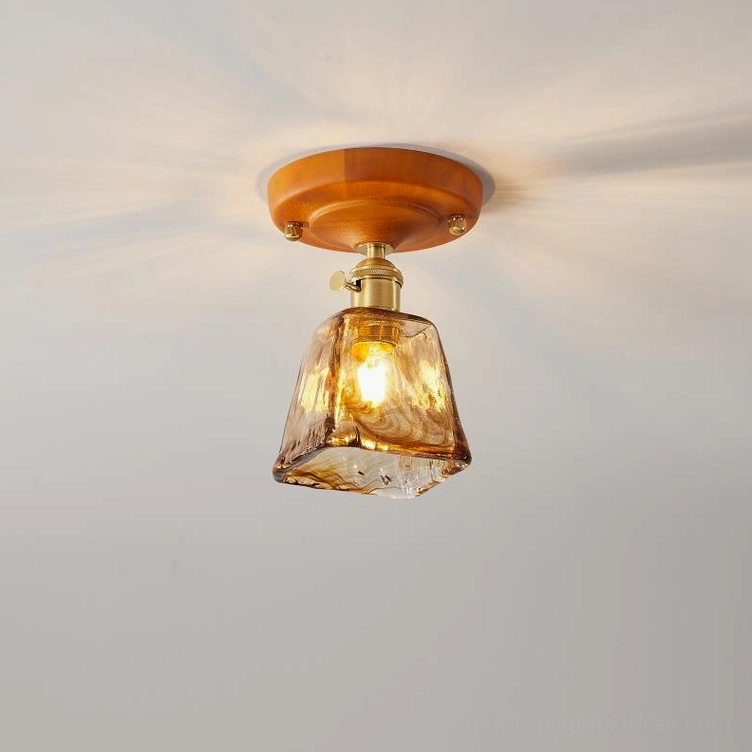 Amber hand-blown glass ceiling light Model B square shade fixture detail