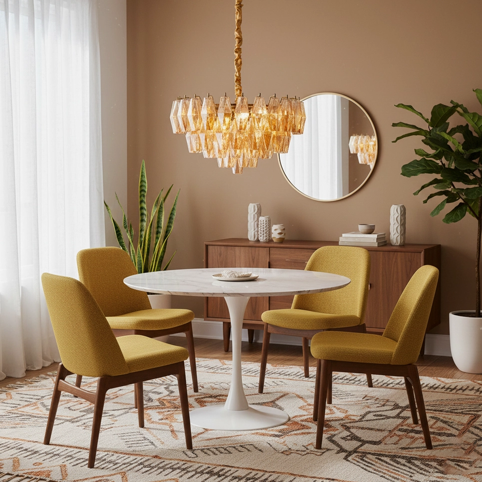 Hand-blown glass chandelier with warm amber tones and faceted prism reflection details