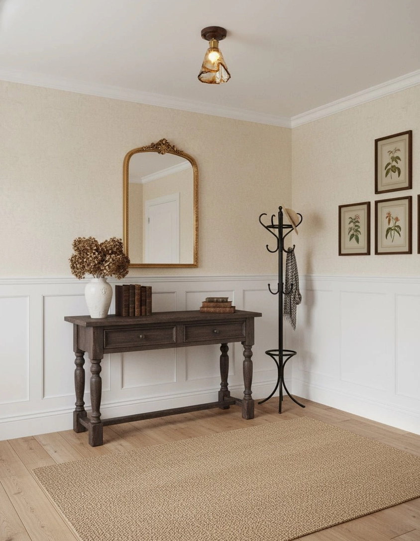Walnut wood base amber ceiling fixture mounted above vintage console table and traditional wall mirror in home entryway