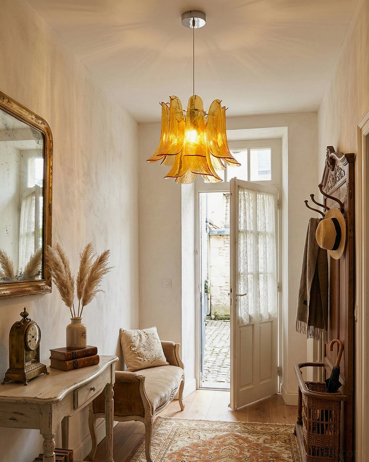 Amber glass lily pendant light in vintage entryway hallway with warm glow