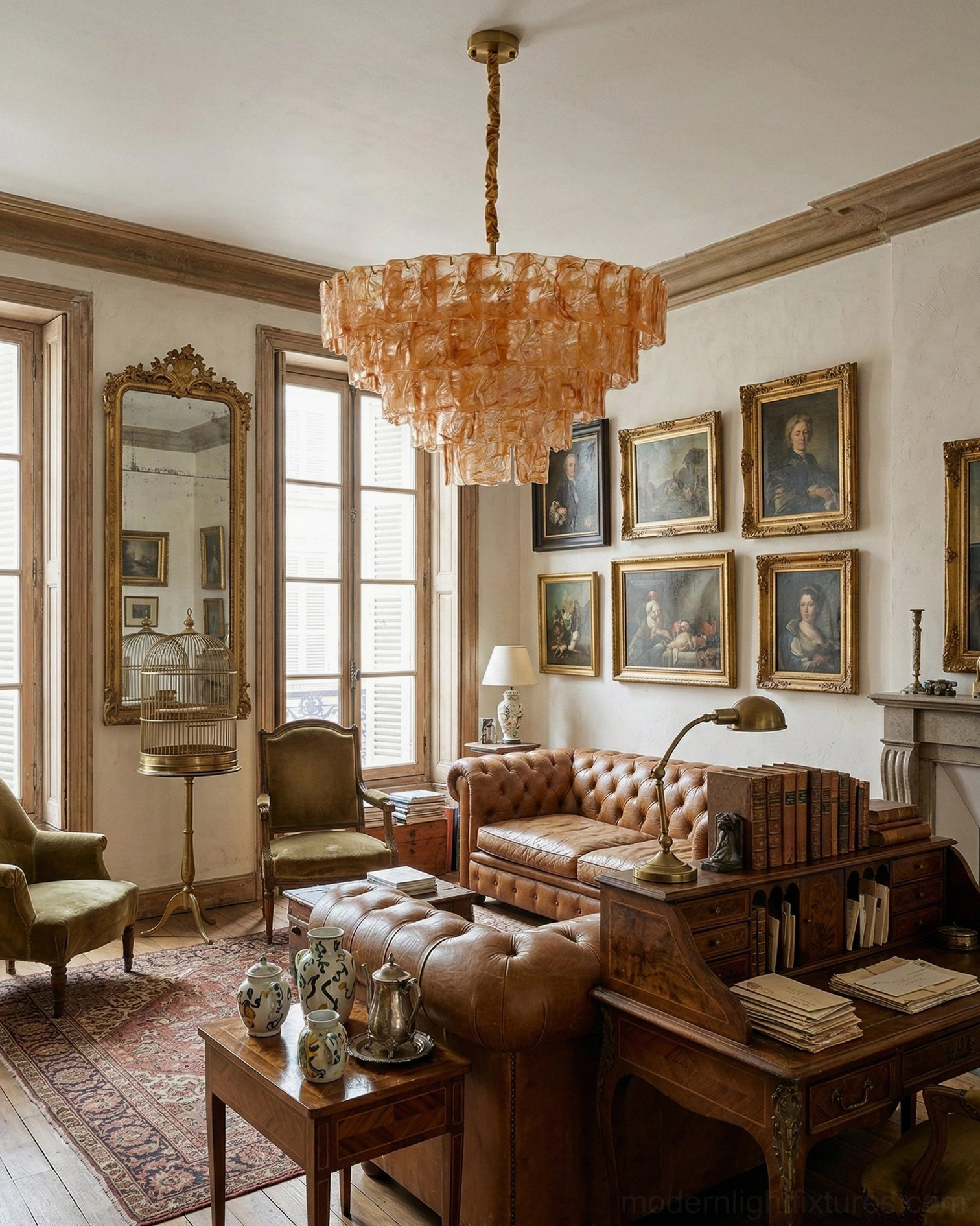 Amber orange tiered glass chandelier in traditional antique living room setting, warm glow illuminating vintage interior decor and period furniture