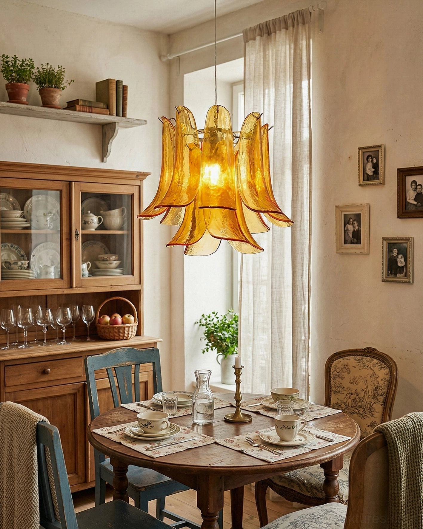 Amber glass petal pendant light suspended over vintage dining table with warm atmospheric lighting