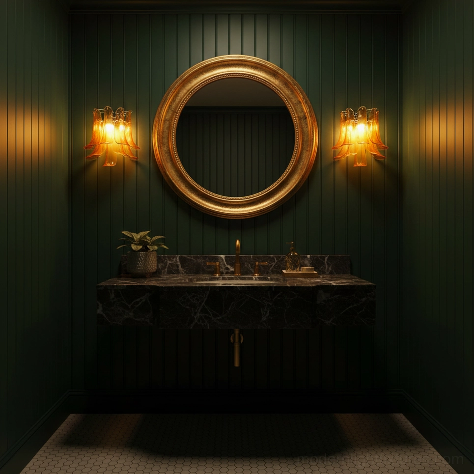 Amber petal wall sconce in luxury vintage bathroom, paired sconces flanking gold framed mirror above marble vanity