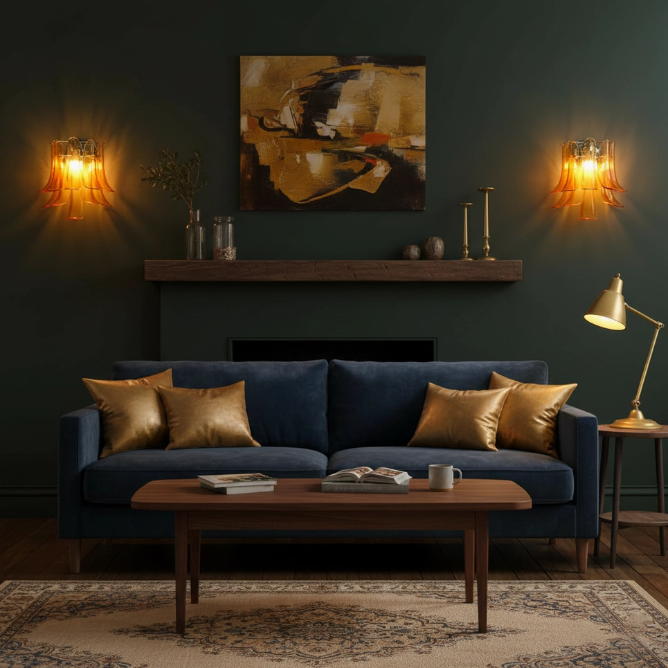Amber petal wall sconce in luxury living room with dark green accent wall, navy blue sofa, and decorative art installation
