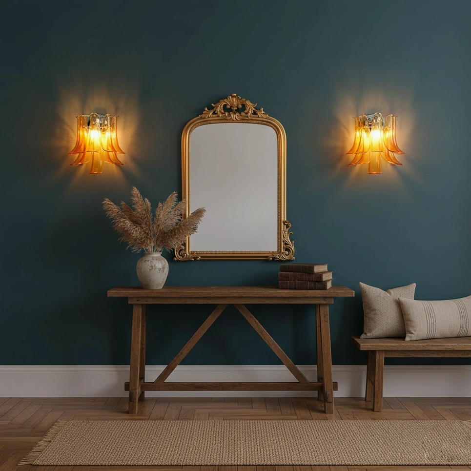 Amber petal wall sconces in vintage entryway setting, architectural lighting on dark teal accent wall with ornate gold mirror