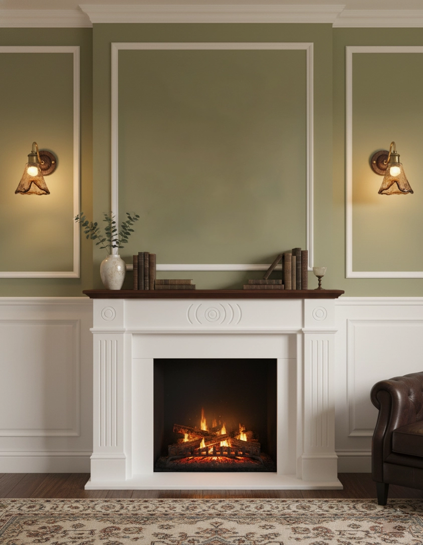 Pair of Nalia amber wall sconces installed in formal living room on green wainscot fireplace walls