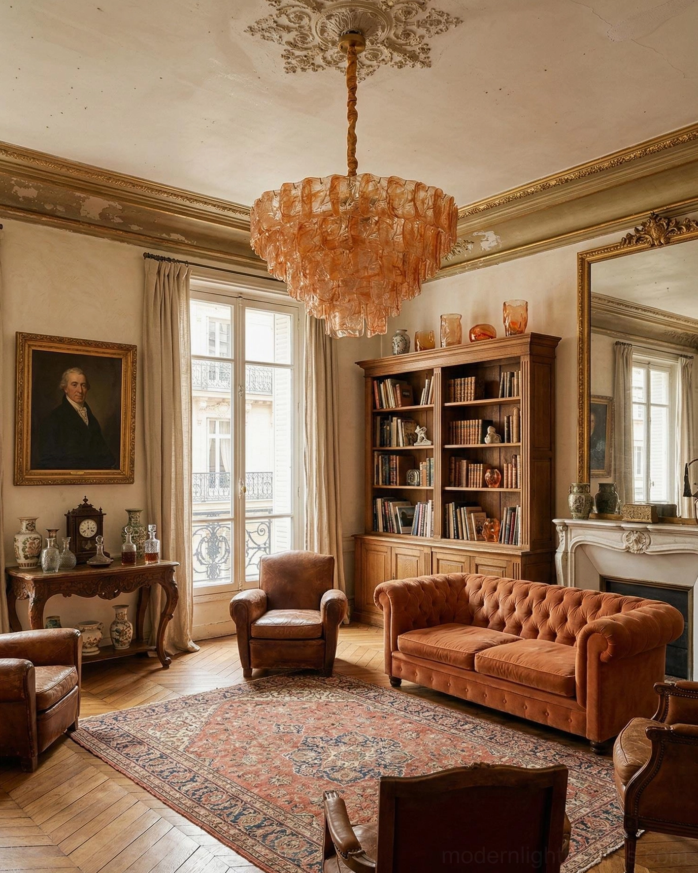 Amber tiered glass chandelier in formal vintage living room with bookshelf, warm-toned glass complementing brown leather and wood furniture