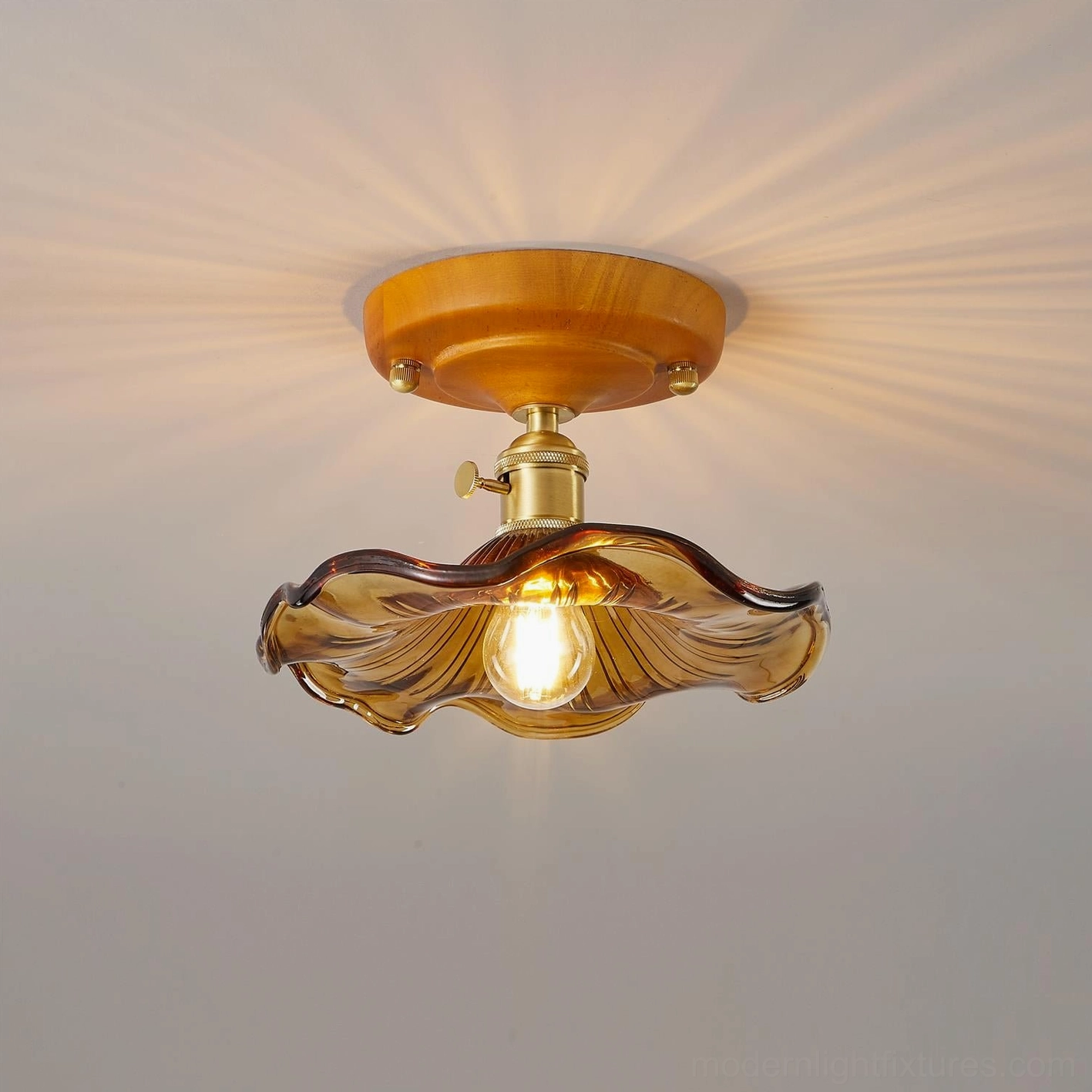 Vintage modern amber ruffled glass ceiling light fixture with brass and wood components