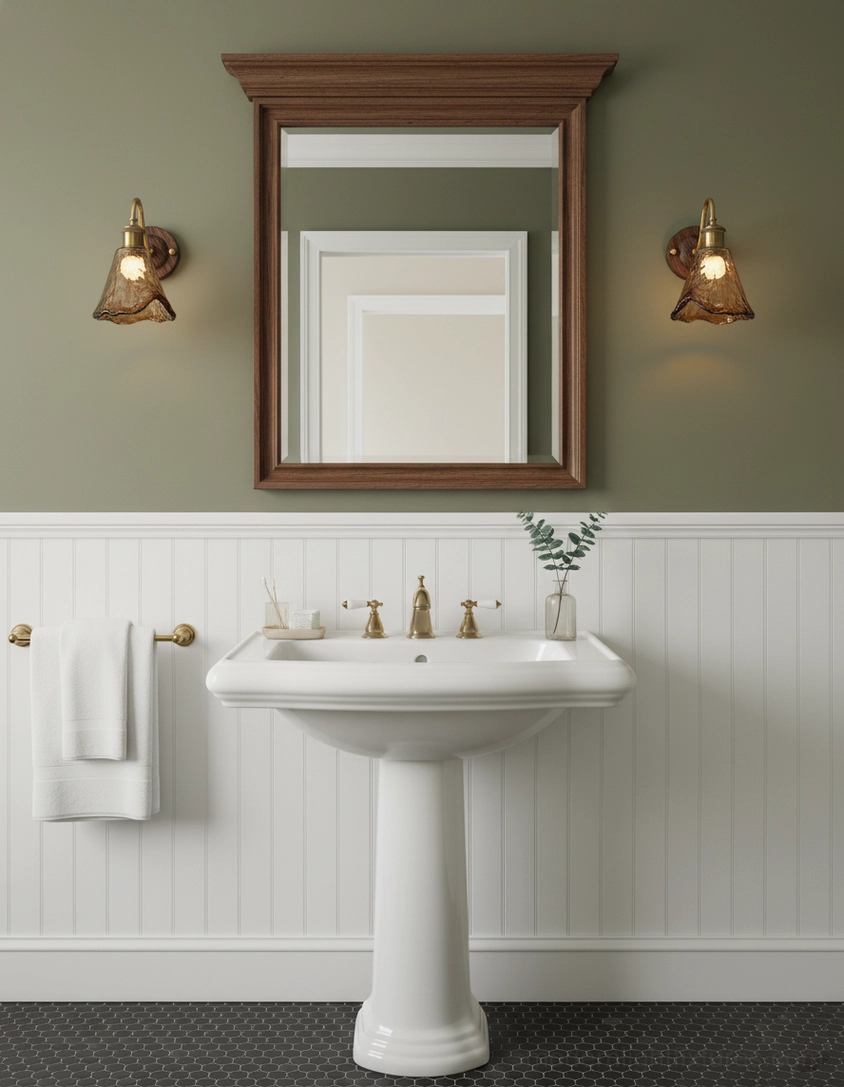 Pair of matching amber wall sconces in farmhouse bathroom with pedestal sink and wainscot wall panels