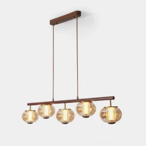Amberis 5-light linear pendant chandelier with amber glass shades and walnut wooden beam, frontal studio view