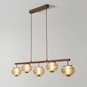 Amberis chandelier with walnut finish and amber glass shades, angled frontal perspective
